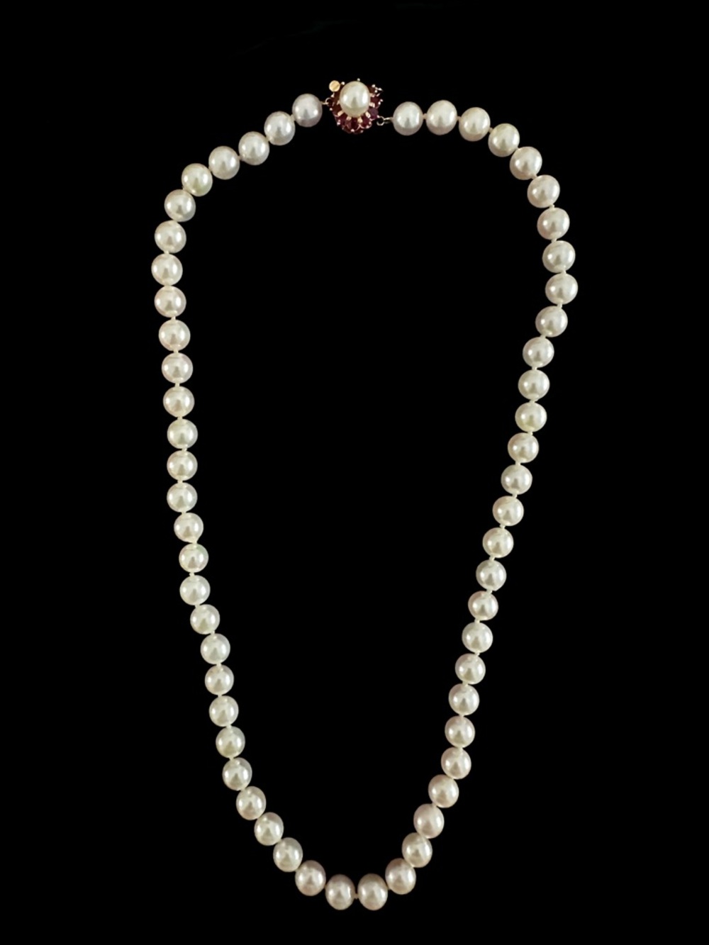 Fine Jewelry Classic White Pearl Necklace with Genuine Ruby Clasp